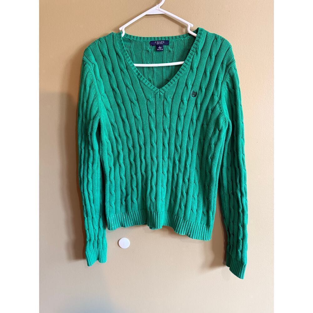 Chaps, V-neck, Kelly, green‎ cable knit sweater women’s size M